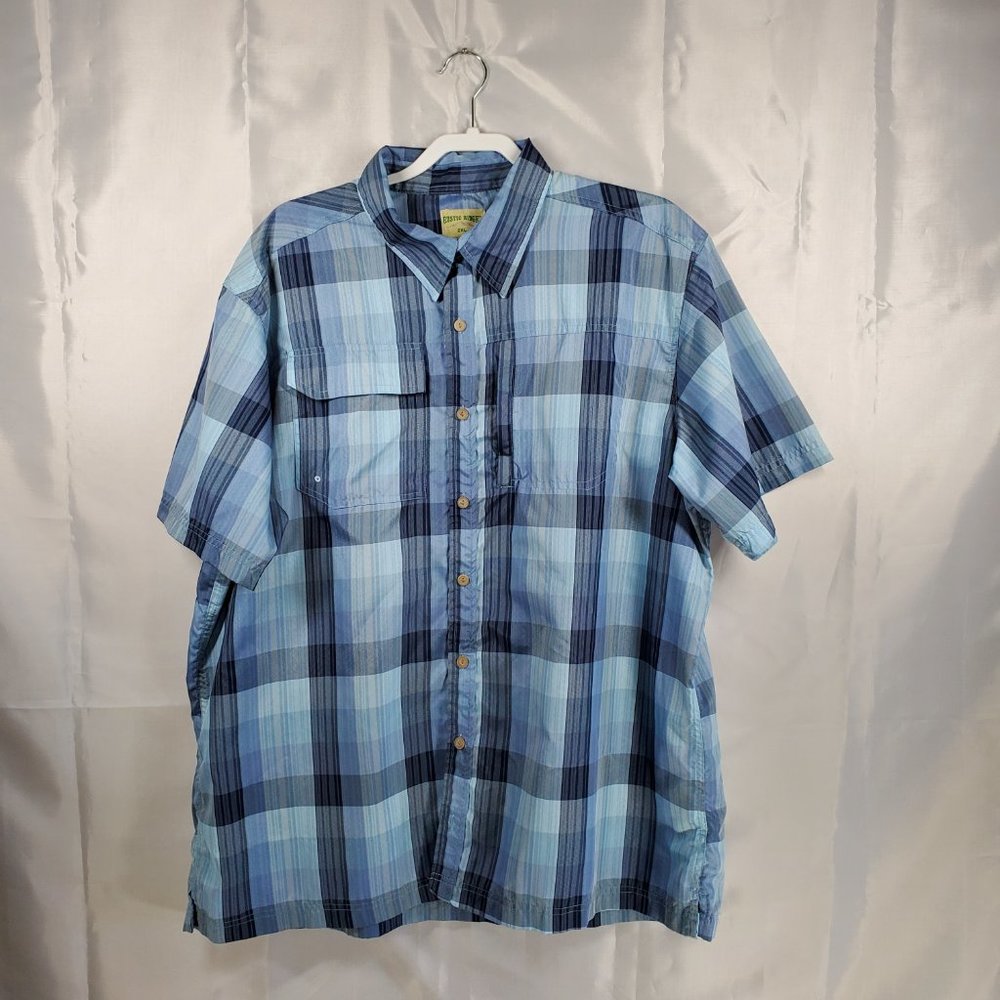 Rustic Ridge Button Up Short Sleeve Outdoor Plaid Shirt Baby Blue Navy Men Sz2XL